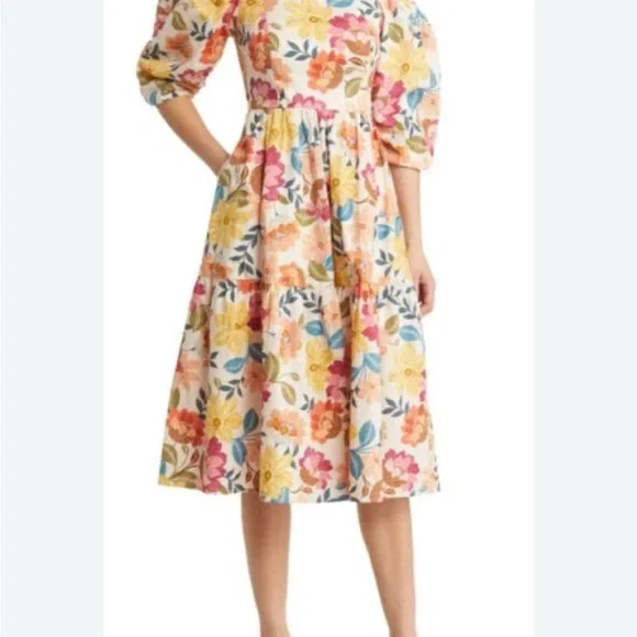 Euc- Vince Camuto Floral Off the Shoulder Stretch Cotton Midi Dress- size 2 - Picture 2 of 9